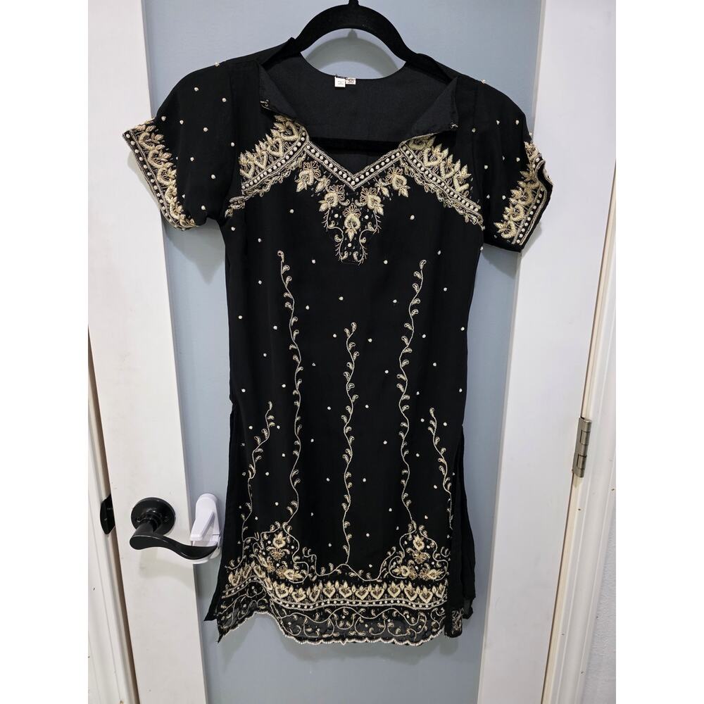 Vintage Black Beaded Dress 30 India Handmade Embroidered Party Dress